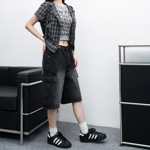 [BEST] BUTTONED CARGO BERMUDA DENIM PANTS/ 2色