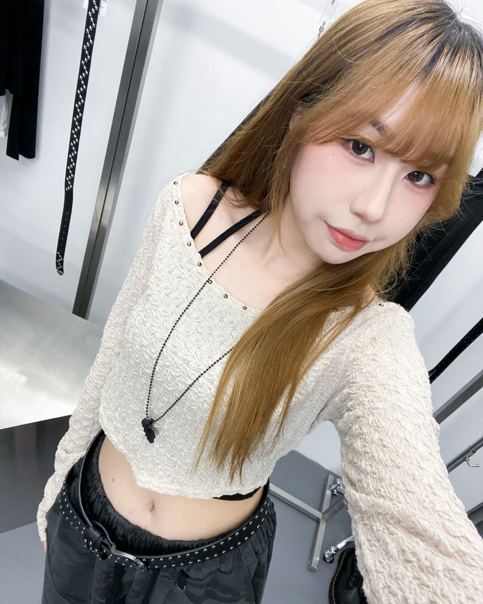 [連頸鏈!] 2WAY GINA STUDDED LONG SLEEVE CROP TOP with necklace/ 2色