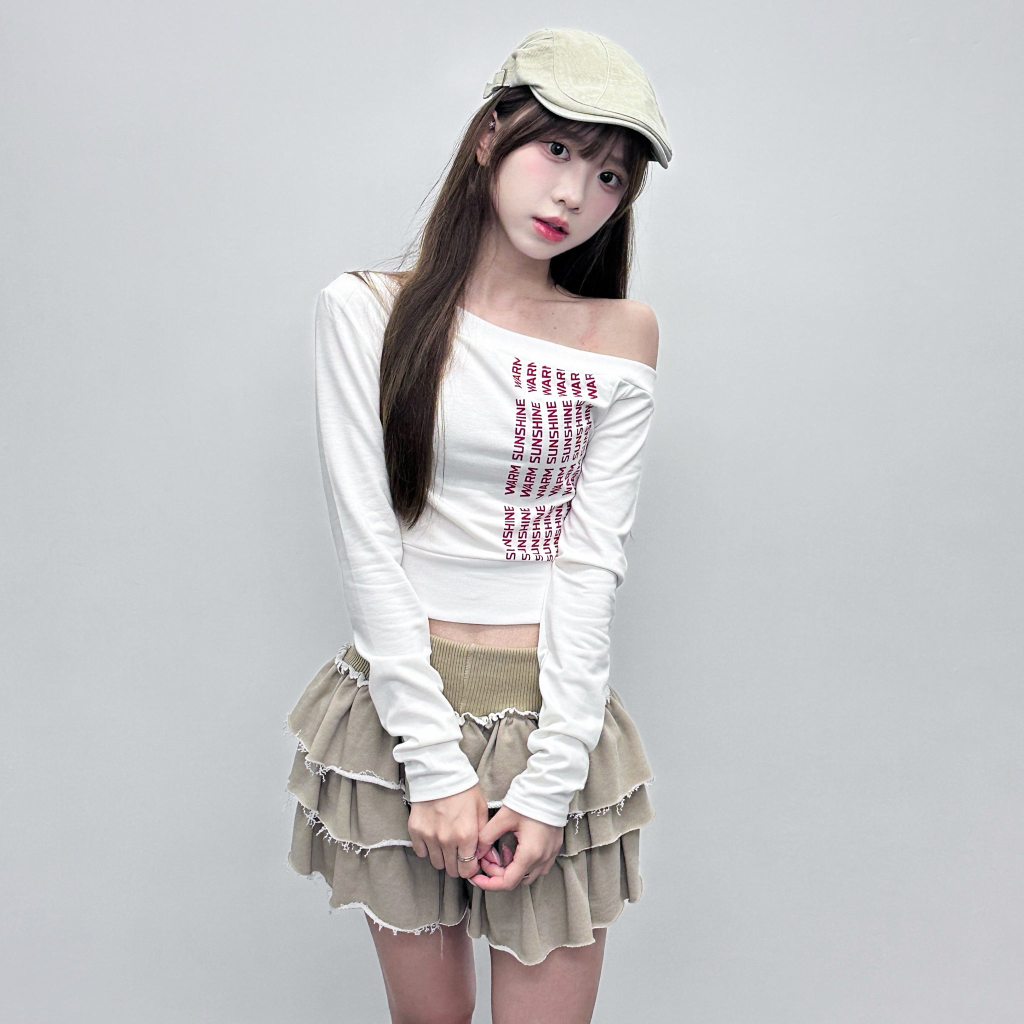WARM SUNSHINE OFF SHOULDER LONG SLEEVE CROP TOP/ 2色