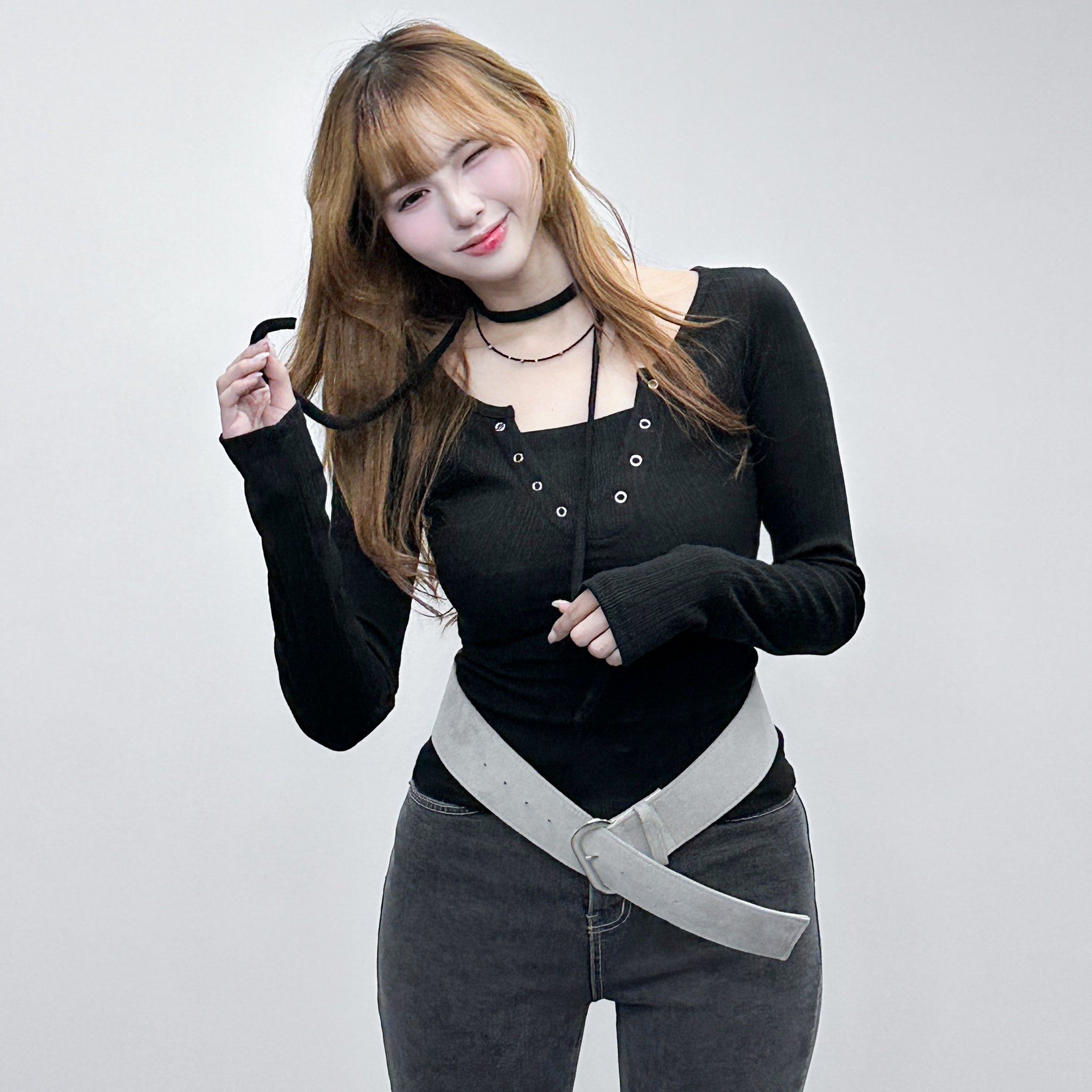 [2WAY頸帶/繫繩OK!] EYELET SLIM RIBBEN KNIT/ 3色