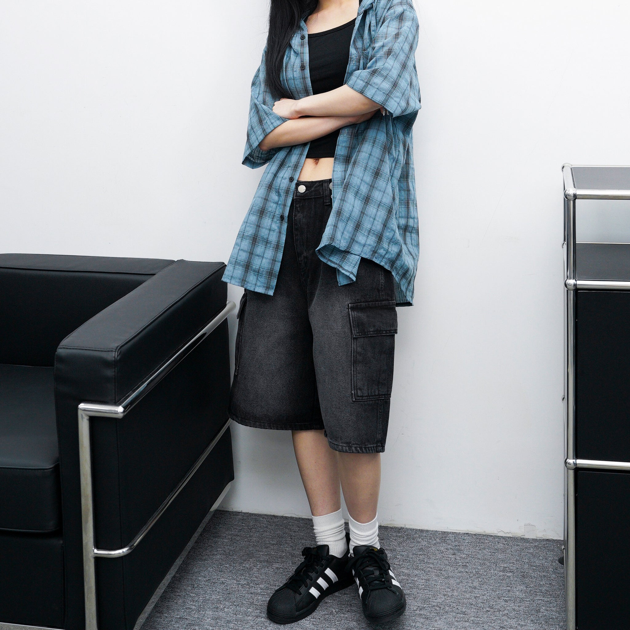 [BEST] BUTTONED CARGO BERMUDA DENIM PANTS/ 2色