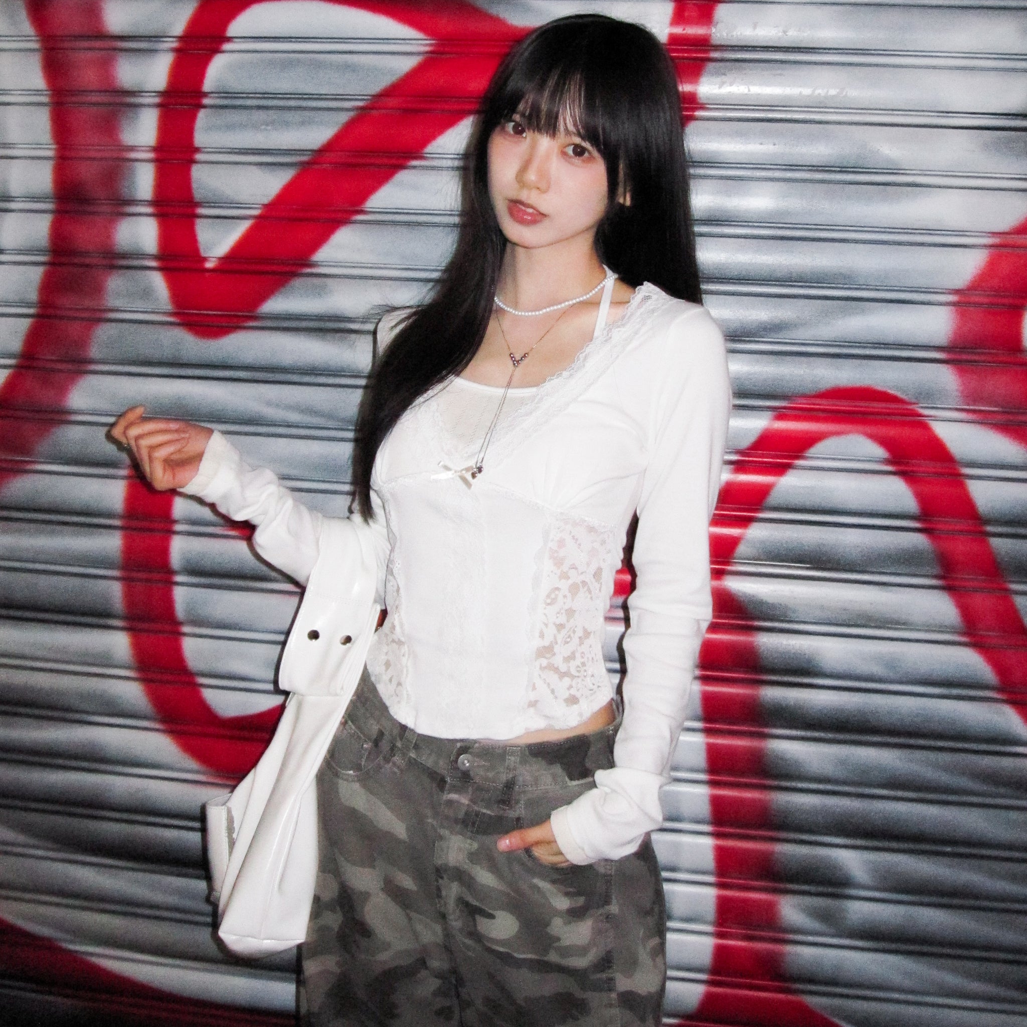 [假兩件] 掛頸背心LACE拼布層次長袖/ 3色