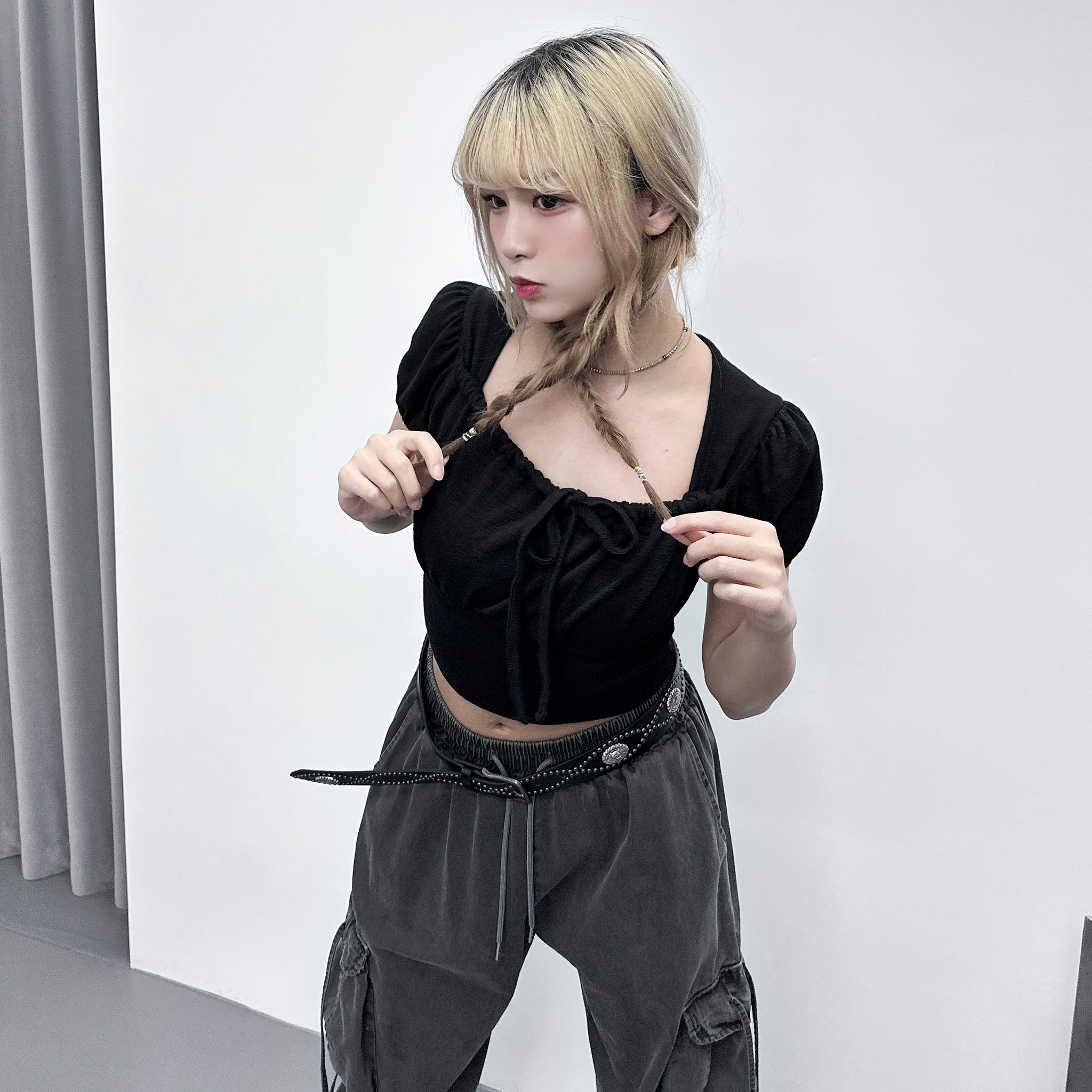 [BEST] 泡泡袖PLEATED RIBBON CROP TEE/ 2色