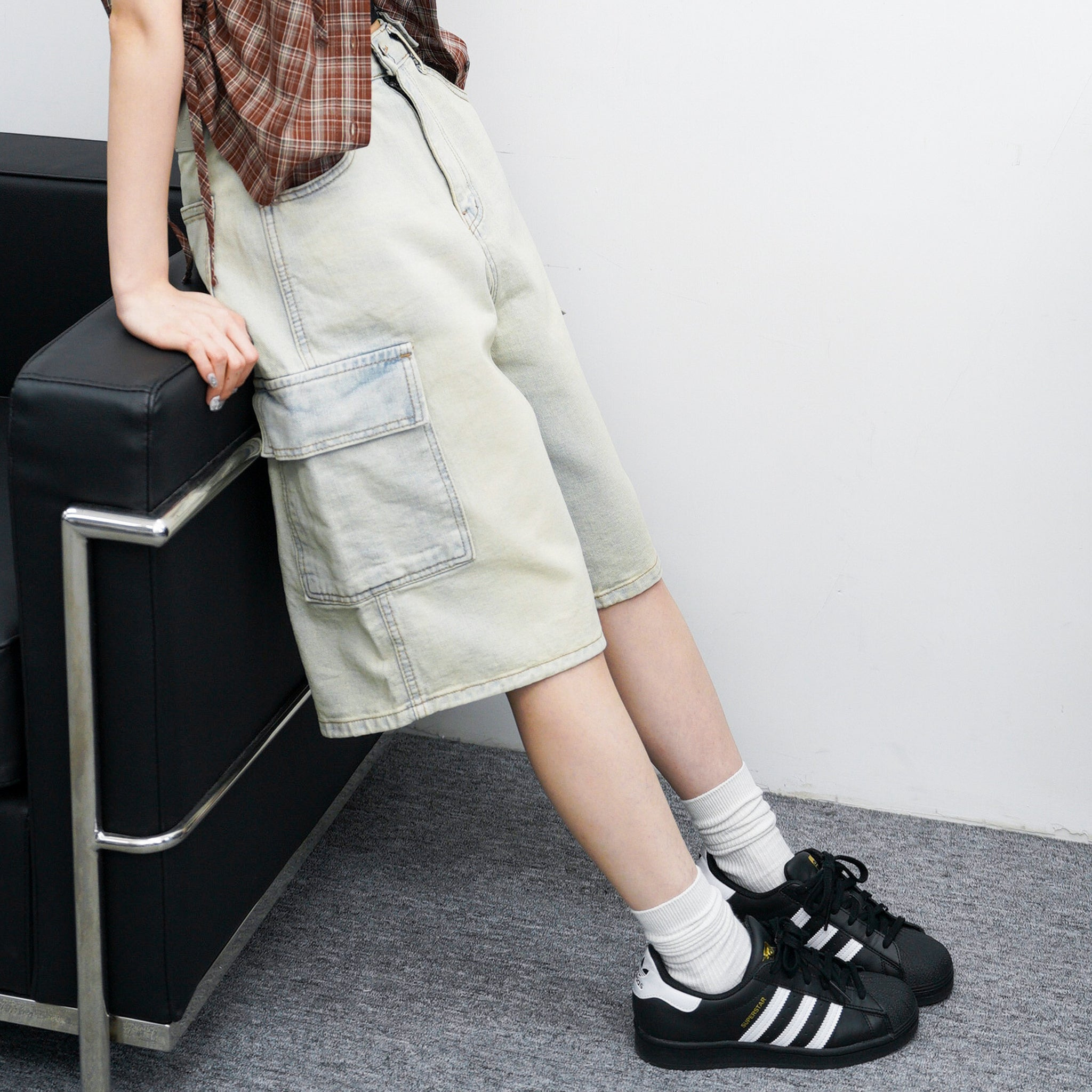 [BEST] BUTTONED CARGO BERMUDA DENIM PANTS/ 2色