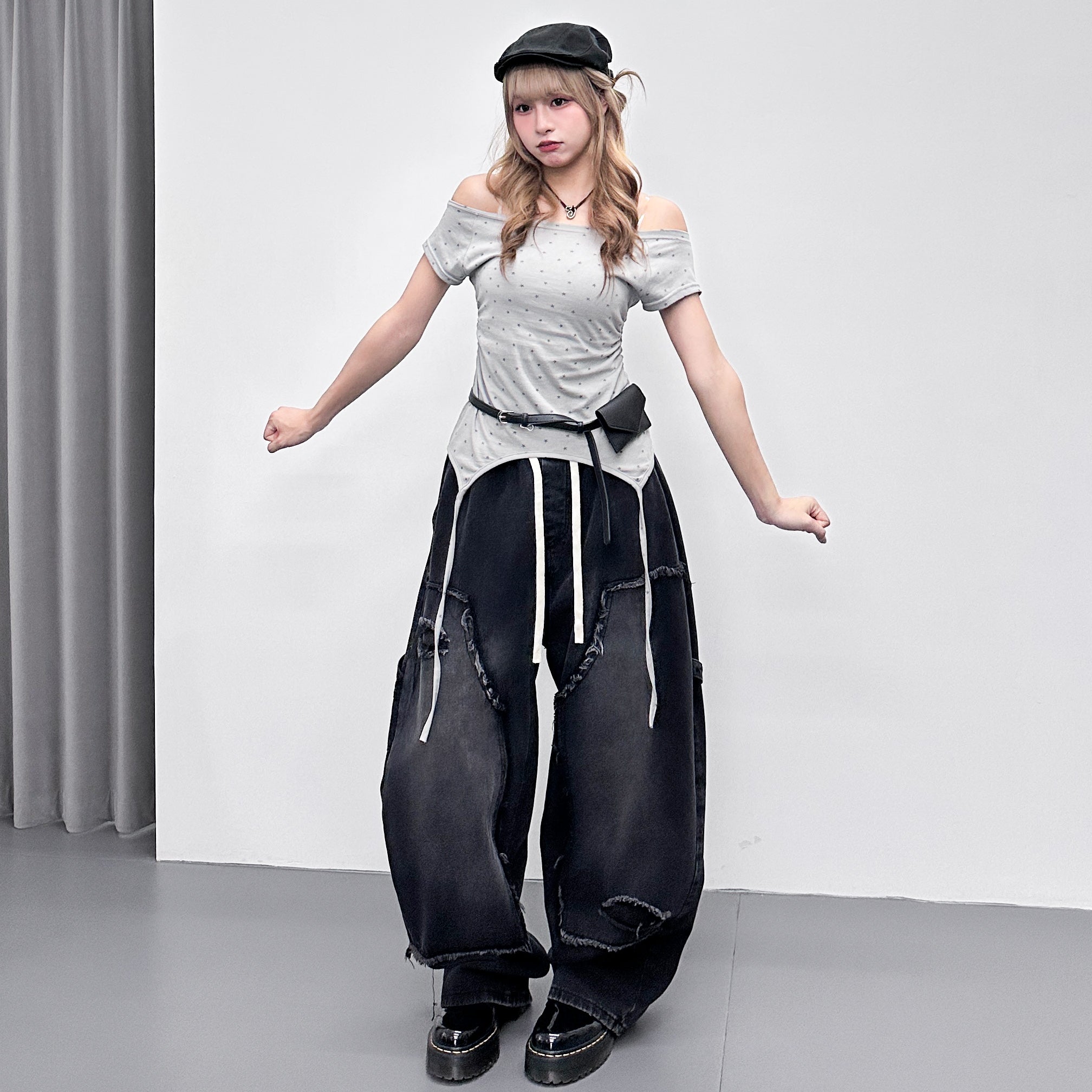 [韓妹必備] 2WAY STARS BOAT-NECK TEE/ 3色