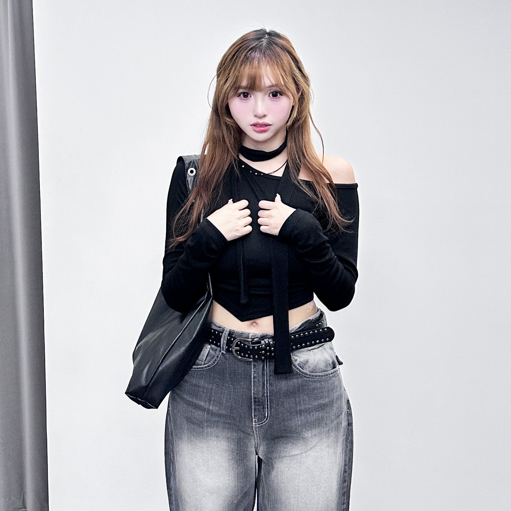 [SET] UNBALANCED ONE-OFF SHOULDER TOP WITH SCARF/ 3色
