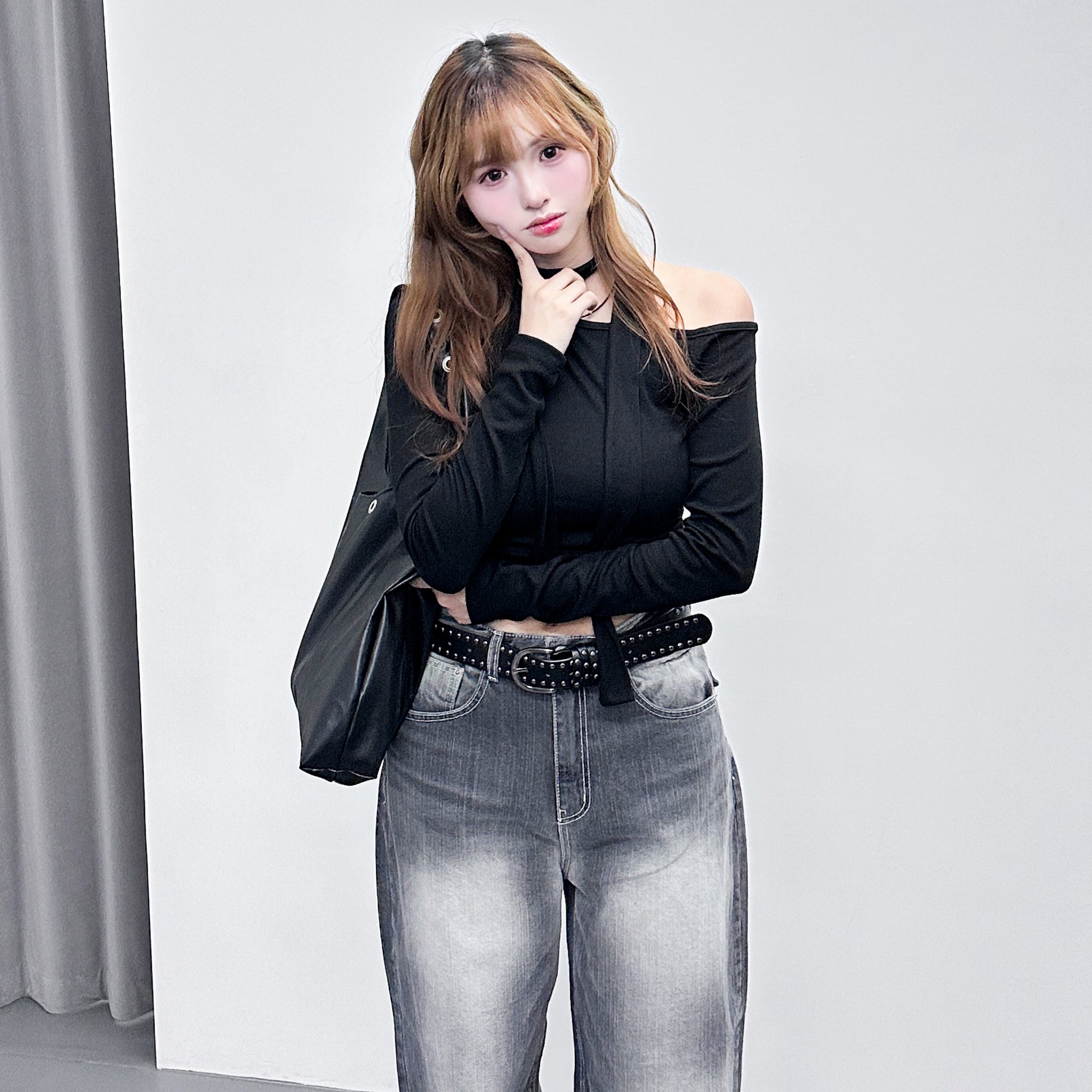 [SET] UNBALANCED ONE-OFF SHOULDER TOP WITH SCARF/ 3色