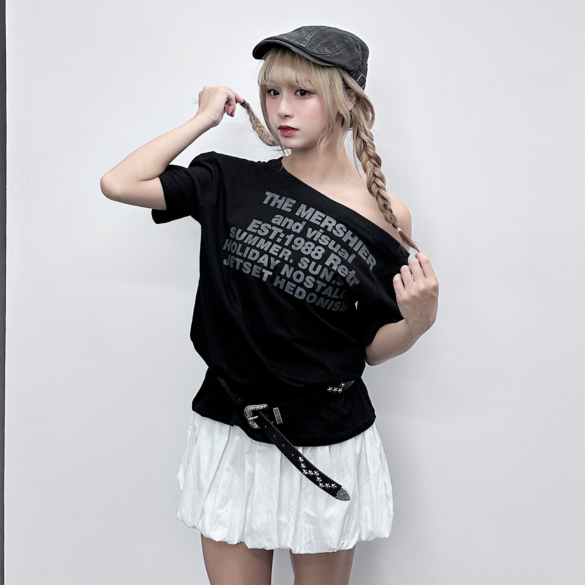 1988 UNBALANCED OFF SHOULDER  OVERFIT TEE/ 2色
