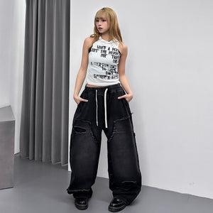 [BEST] UNISEX做舊復古蘇蘇邊SUPER WIDE DENIM PANTS/ 2色