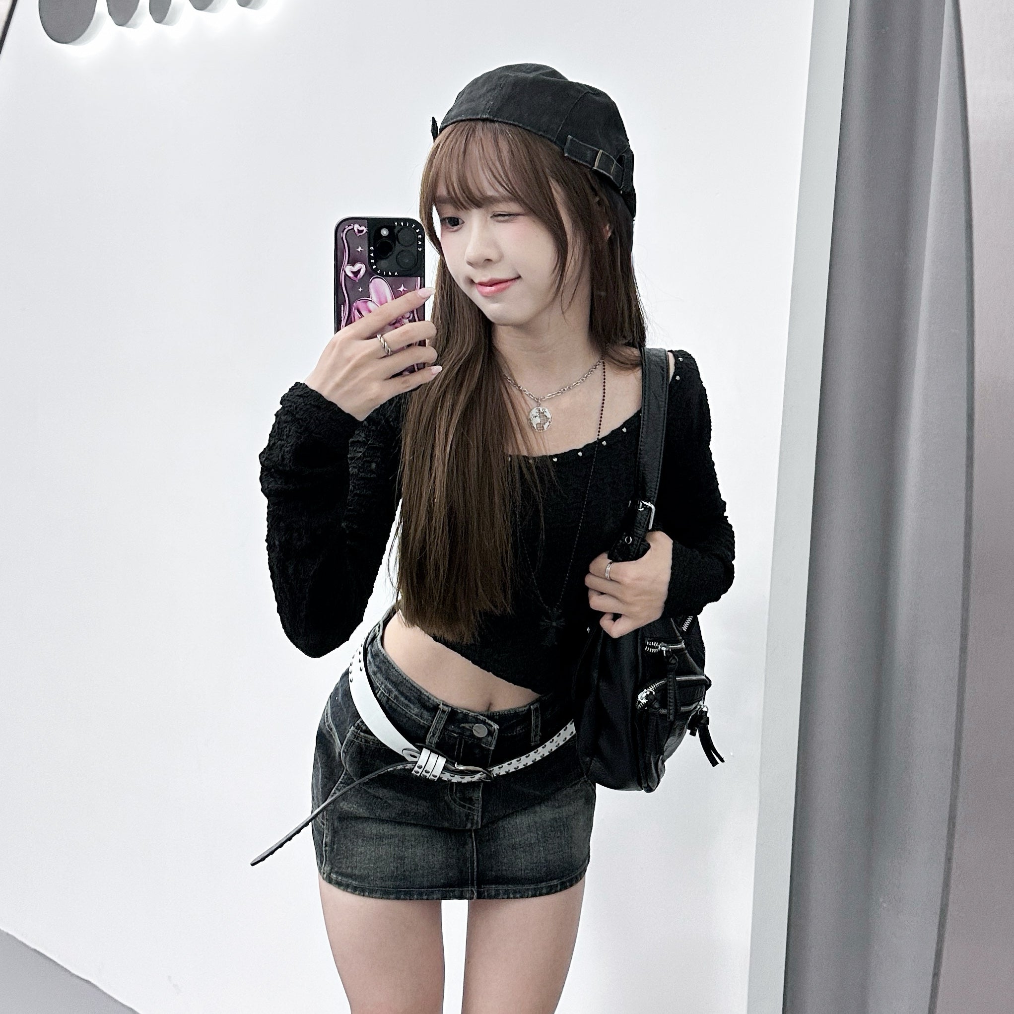 [連頸鏈!] 2WAY GINA STUDDED LONG SLEEVE CROP TOP with necklace/ 2色