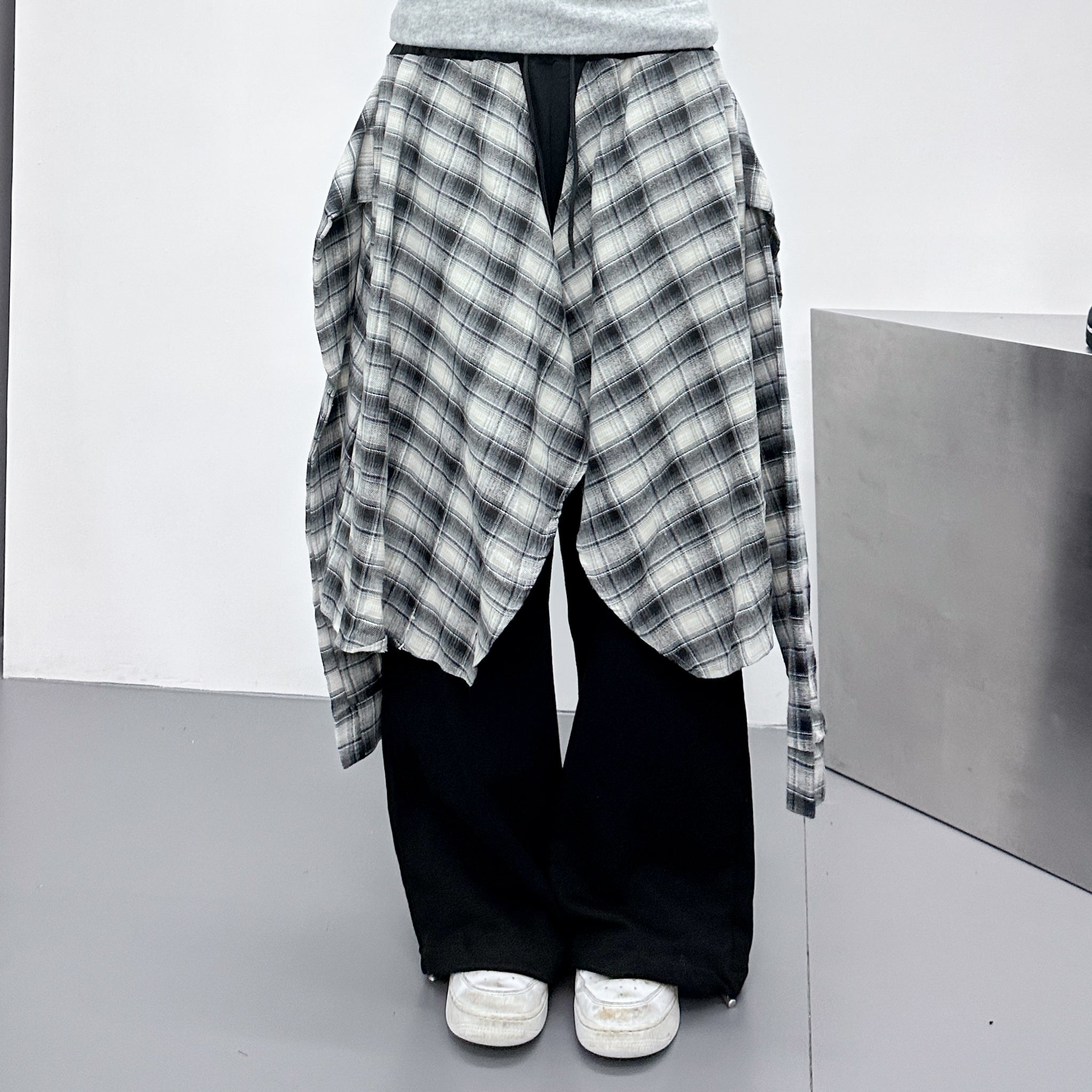 [UNISEX] 假兩件棉褲DOUBLE LAYER CHECK SWEATPANTS/ 2色