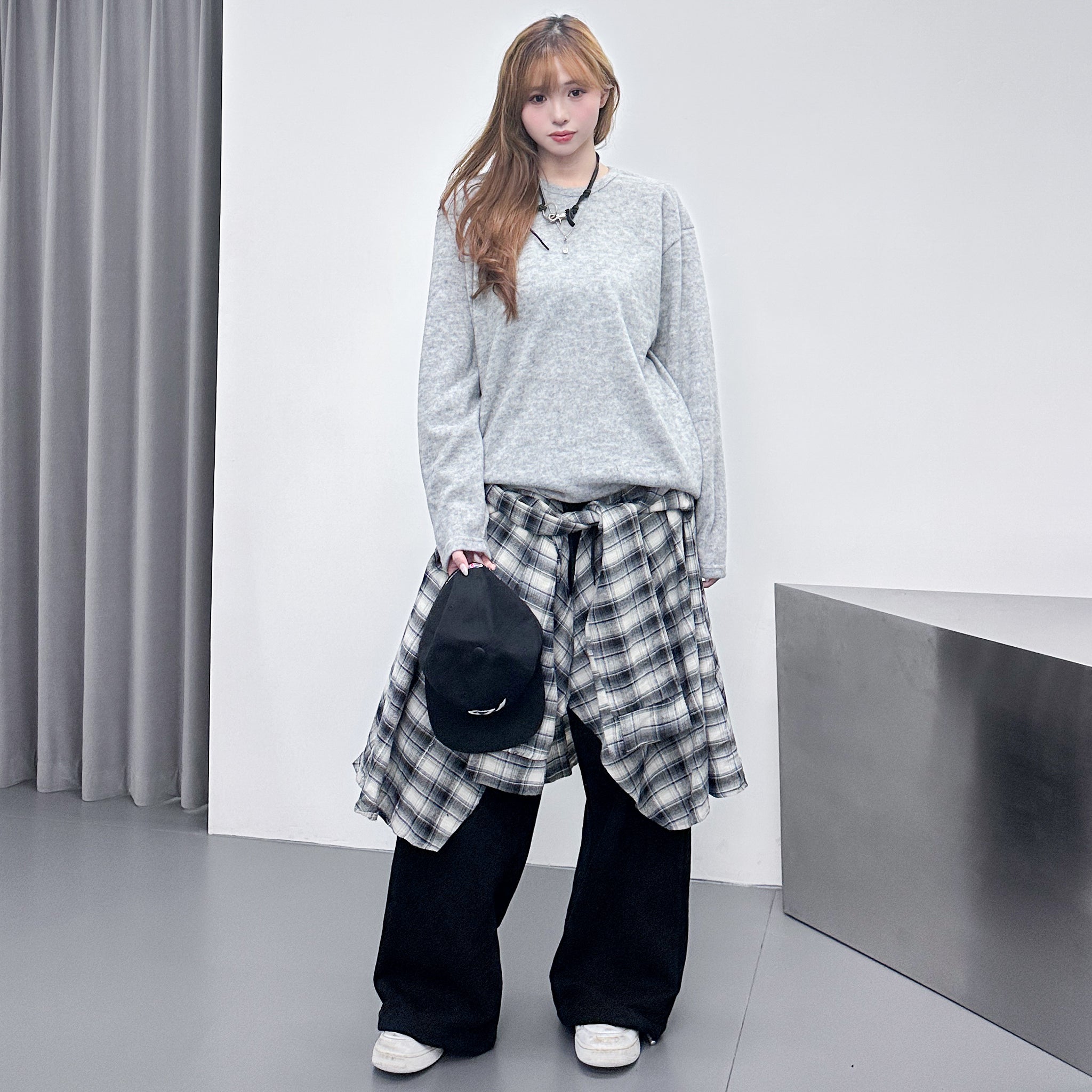 [UNISEX] 假兩件棉褲DOUBLE LAYER CHECK SWEATPANTS/ 2色