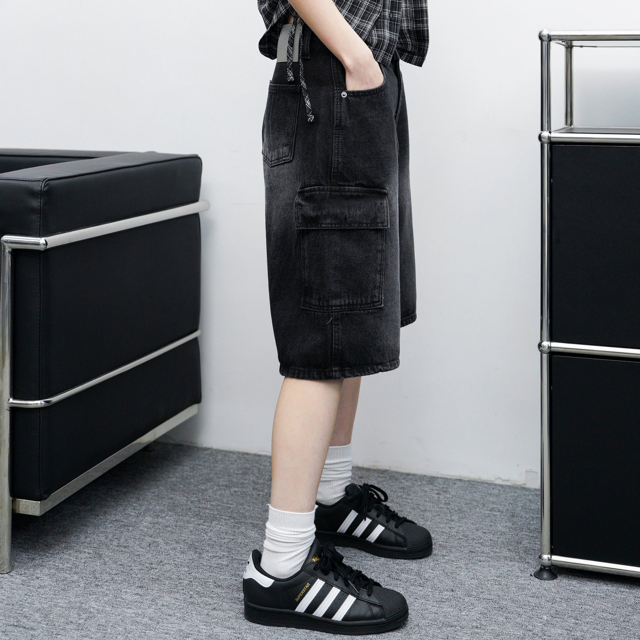 [BEST] BUTTONED CARGO BERMUDA DENIM PANTS/ 2色