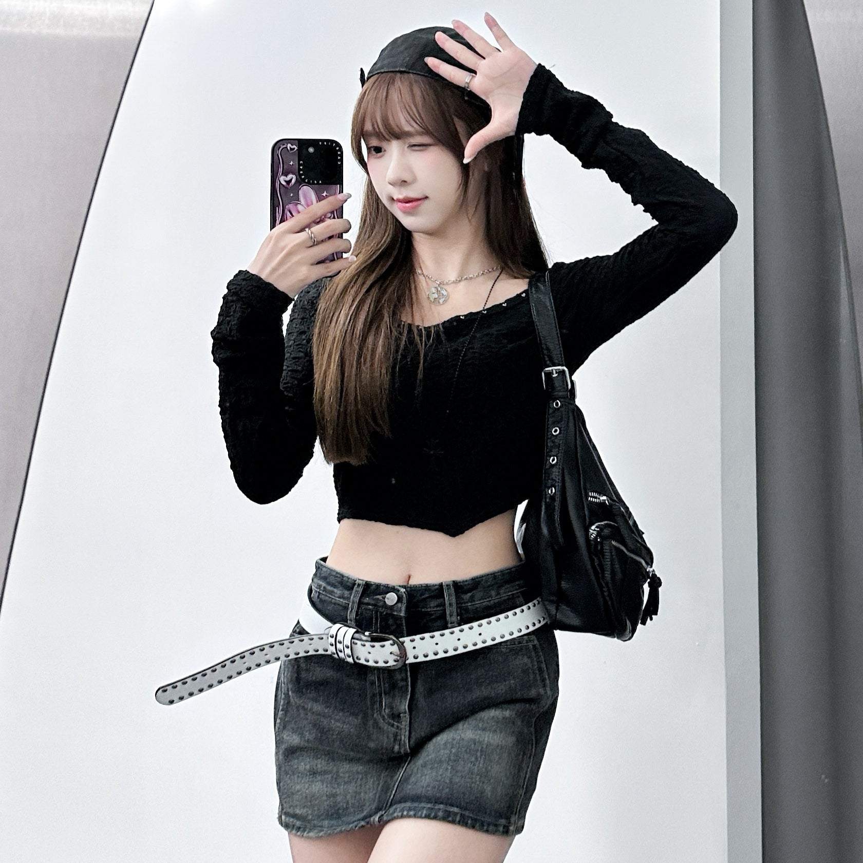 [連頸鏈!] 2WAY GINA STUDDED LONG SLEEVE CROP TOP with necklace/ 2色