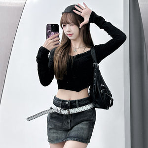 [連頸鏈!] 2WAY GINA STUDDED LONG SLEEVE CROP TOP with necklace/ 2色