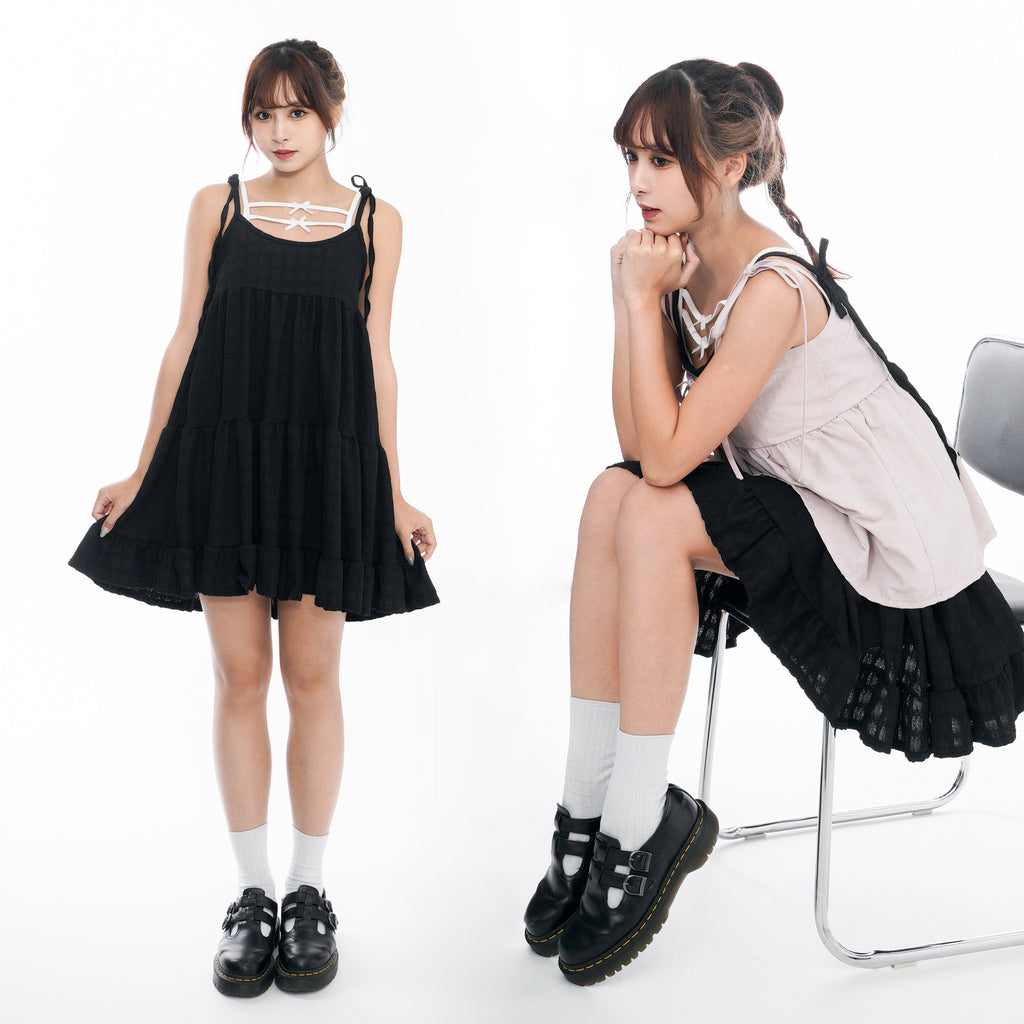 WRINKLE RIBBON STRAP SLEEVELESS DRESS/ 2色