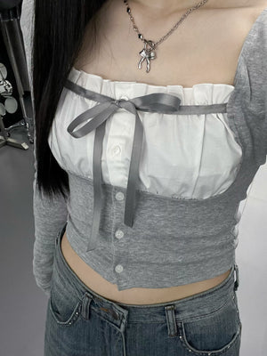 [BEST] 雙材質層次PLEATED RIBBON LONG SLEEVE TOP/ 2色