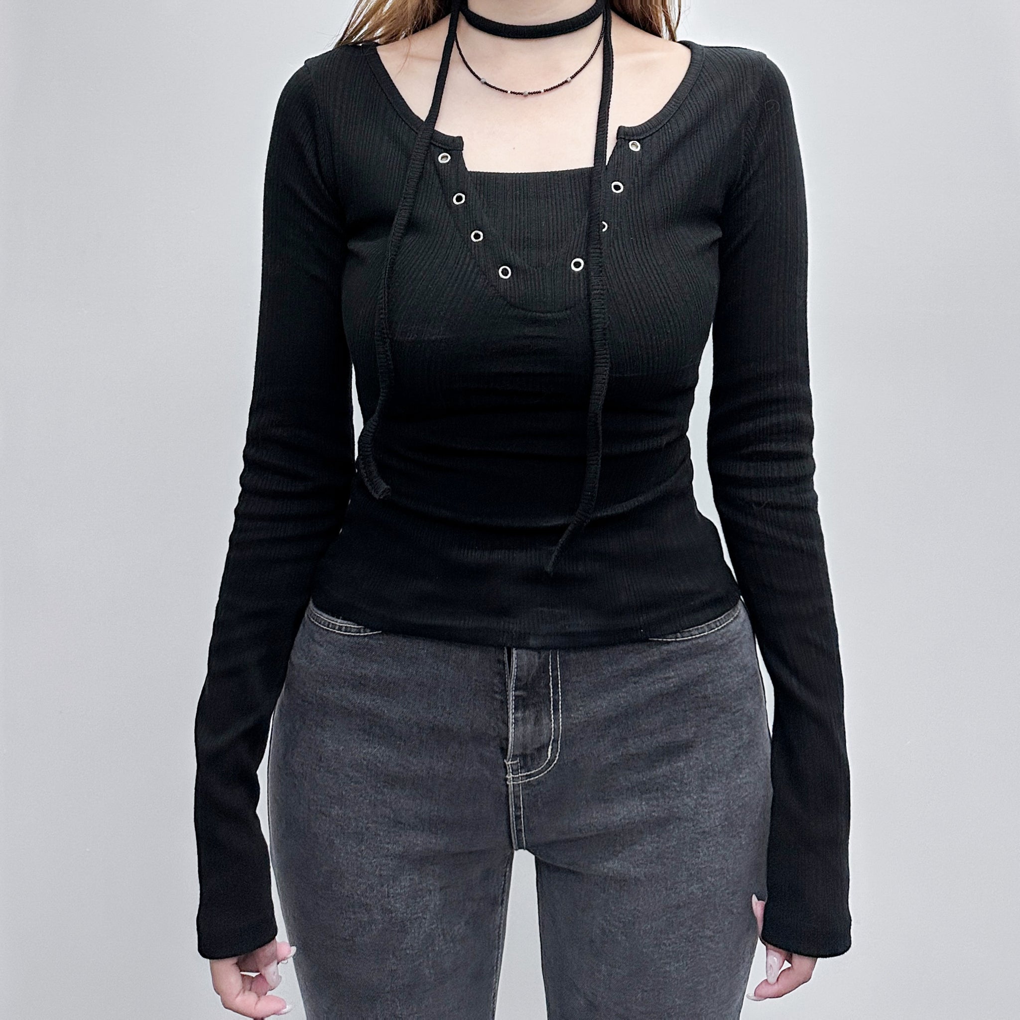 [2WAY頸帶/繫繩OK!] EYELET SLIM RIBBEN KNIT/ 3色