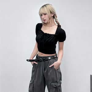 [BEST] 泡泡袖PLEATED RIBBON CROP TEE/ 2色