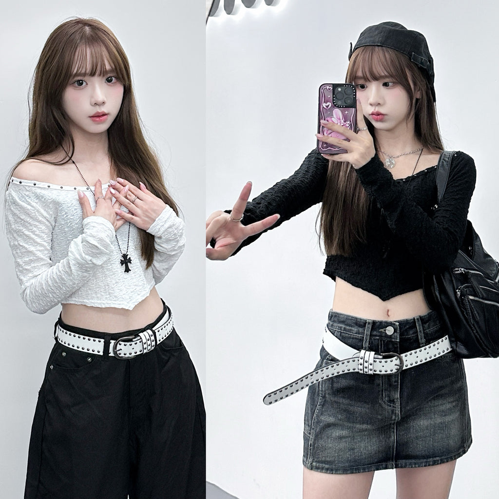 [連頸鏈!] 2WAY GINA STUDDED LONG SLEEVE CROP TOP with necklace/ 2色