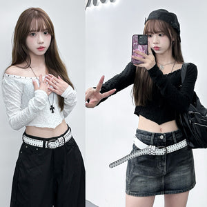 [連頸鏈!] 2WAY GINA STUDDED LONG SLEEVE CROP TOP with necklace/ 2色
