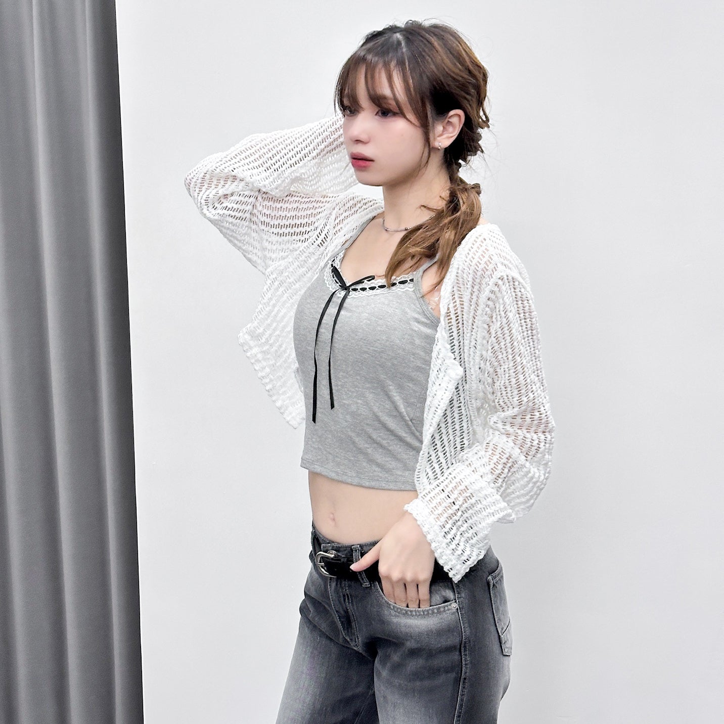 [HOT] BUTTON NET CARDIGAN/ 2色