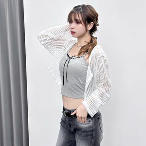 [HOT] BUTTON NET CARDIGAN/ 2色