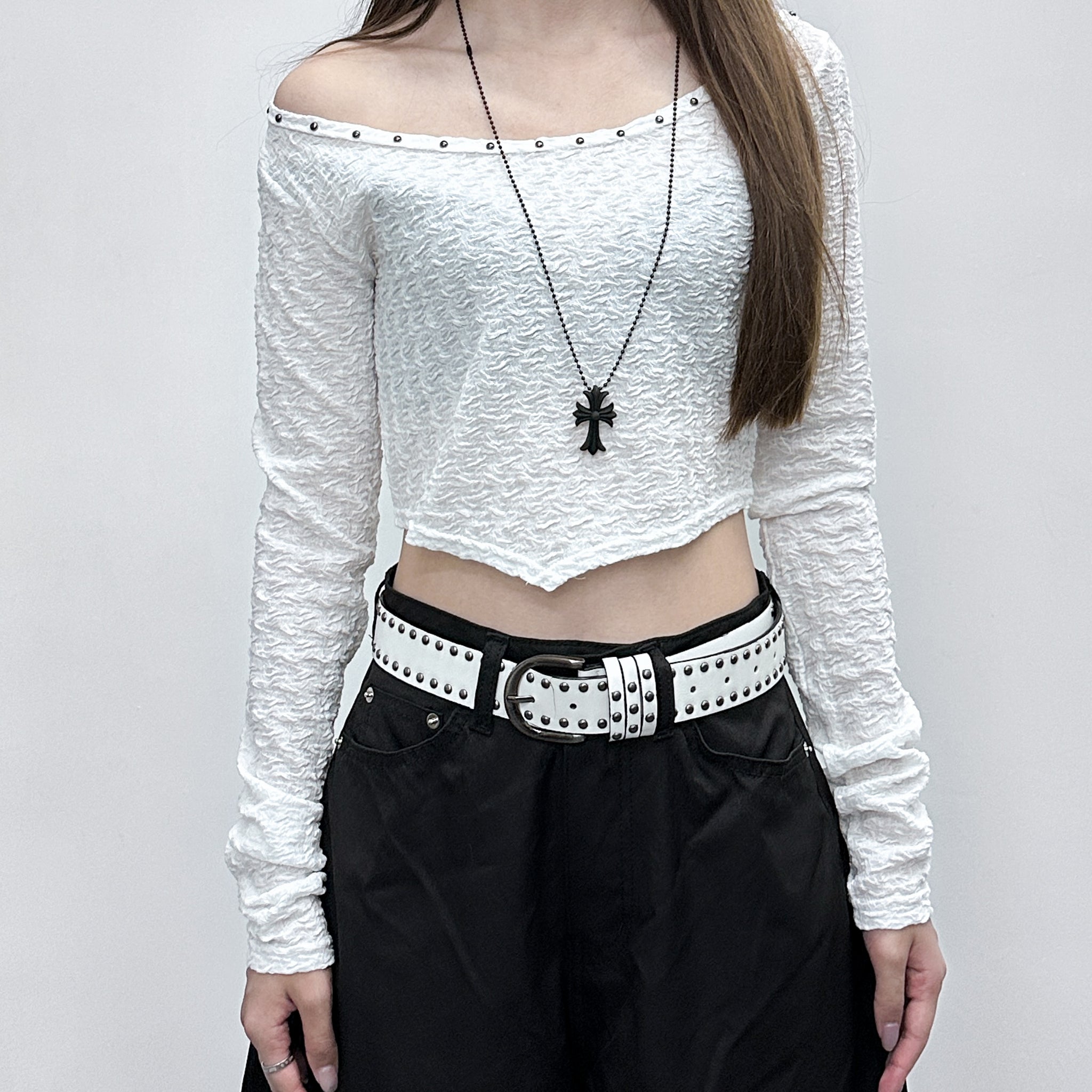 [連頸鏈!] 2WAY GINA STUDDED LONG SLEEVE CROP TOP with necklace/ 2色