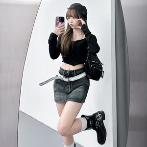 [連頸鏈!] 2WAY GINA STUDDED LONG SLEEVE CROP TOP with necklace/ 2色
