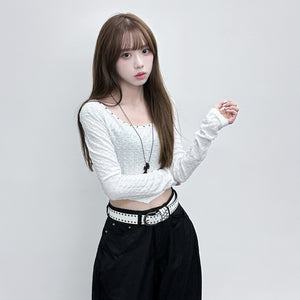 [連頸鏈!] 2WAY GINA STUDDED LONG SLEEVE CROP TOP with necklace/ 2色