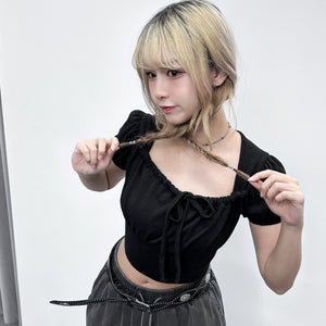 [BEST] 泡泡袖PLEATED RIBBON CROP TEE/ 2色