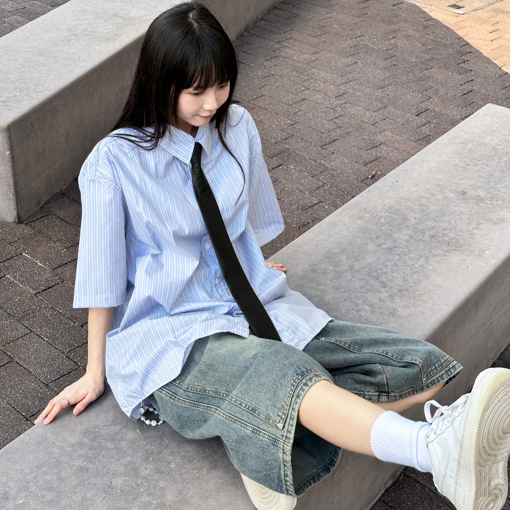 [UNISEX] CITY BOY STRAIGHT STRIPED SHIRT/ 2色
