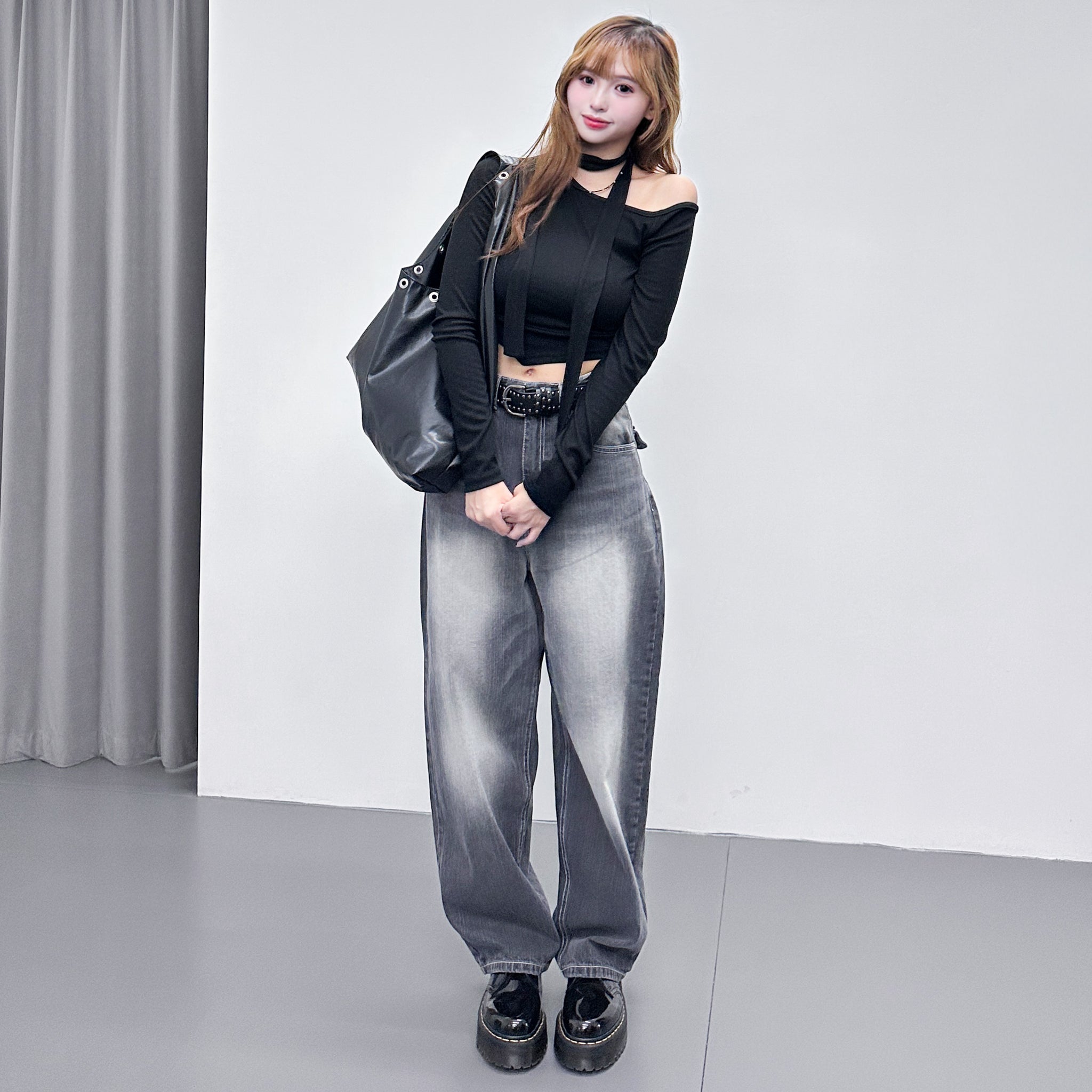 [SET] UNBALANCED ONE-OFF SHOULDER TOP WITH SCARF/ 3色