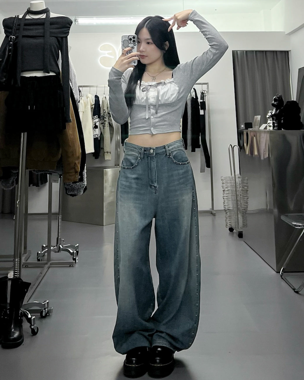 [BEST] 雙材質層次PLEATED RIBBON LONG SLEEVE TOP/ 2色
