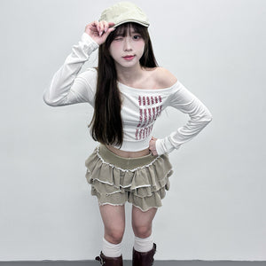 WARM SUNSHINE OFF SHOULDER LONG SLEEVE CROP TOP/ 2色