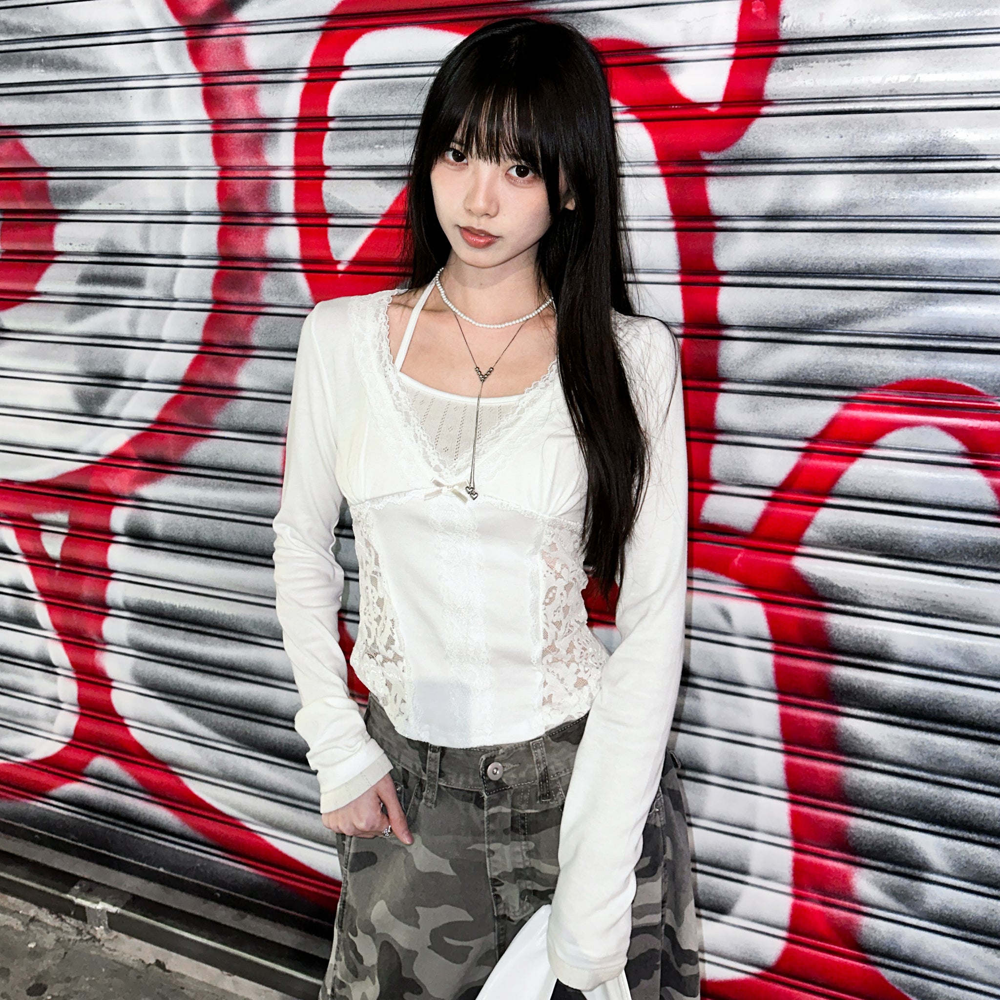 [假兩件] 掛頸背心LACE拼布層次長袖/ 3色