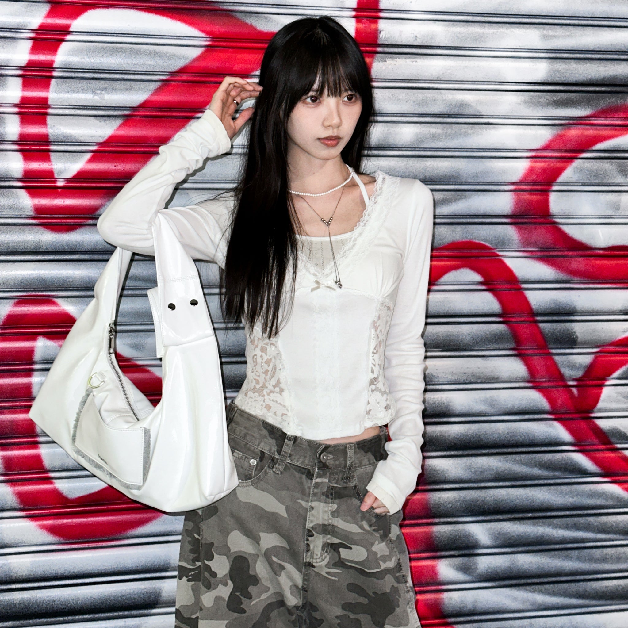 [假兩件] 掛頸背心LACE拼布層次長袖/ 3色