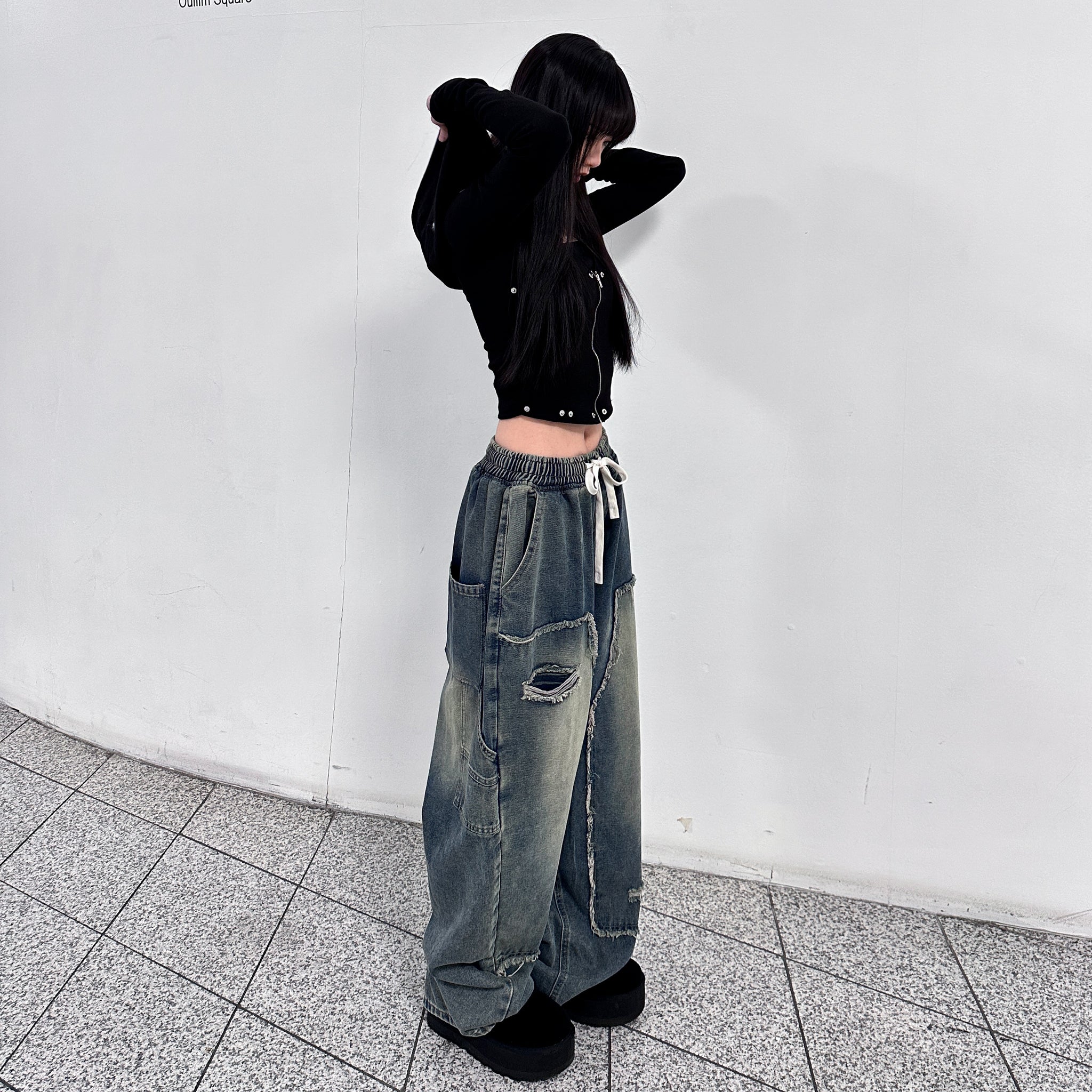 [BEST] UNISEX做舊復古蘇蘇邊SUPER WIDE DENIM PANTS/ 2色