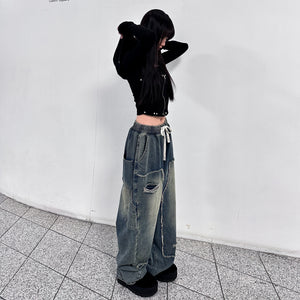 [BEST] UNISEX做舊復古蘇蘇邊SUPER WIDE DENIM PANTS/ 2色