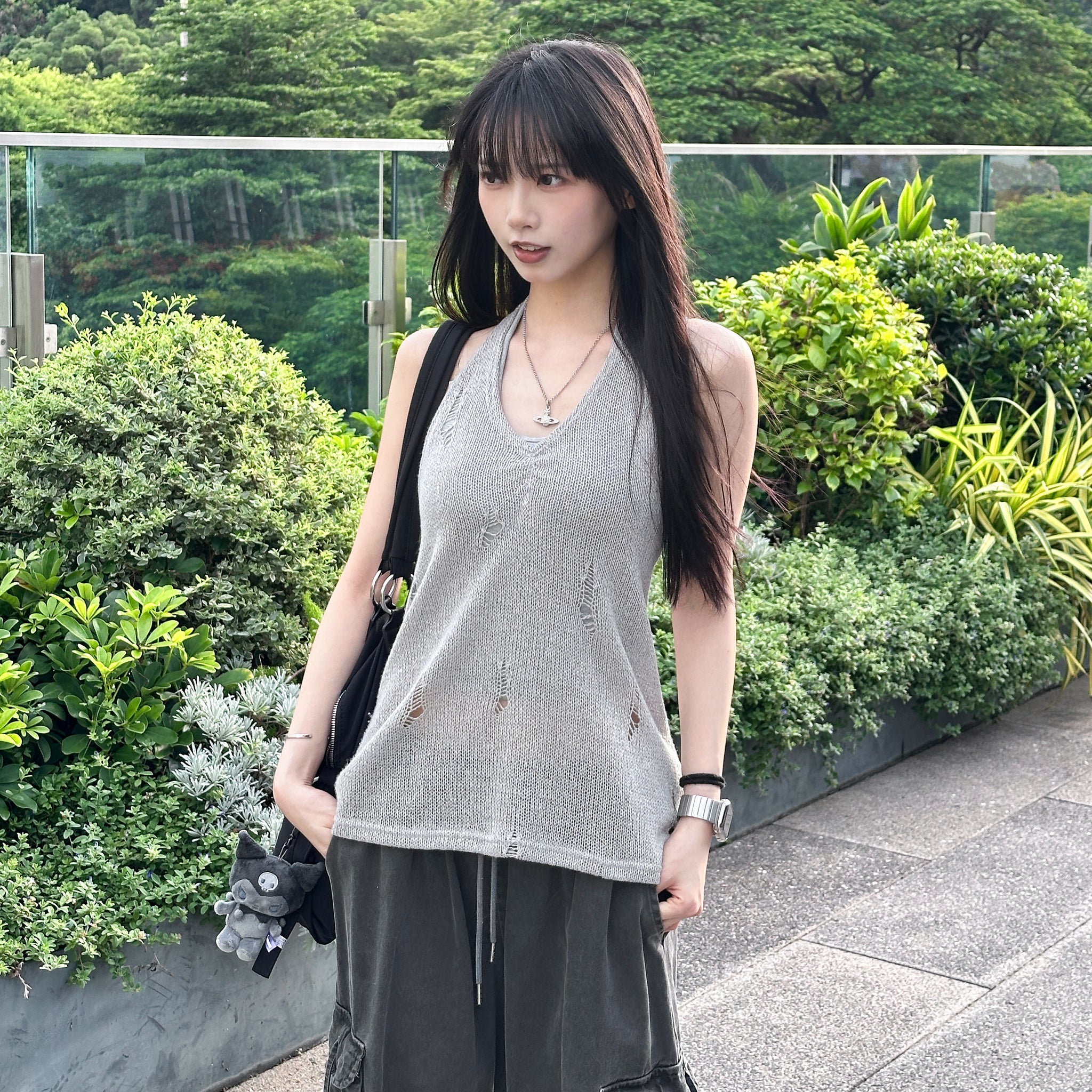DAMAGE HALTER NECK SLEEVELESS KNIT/ 2色