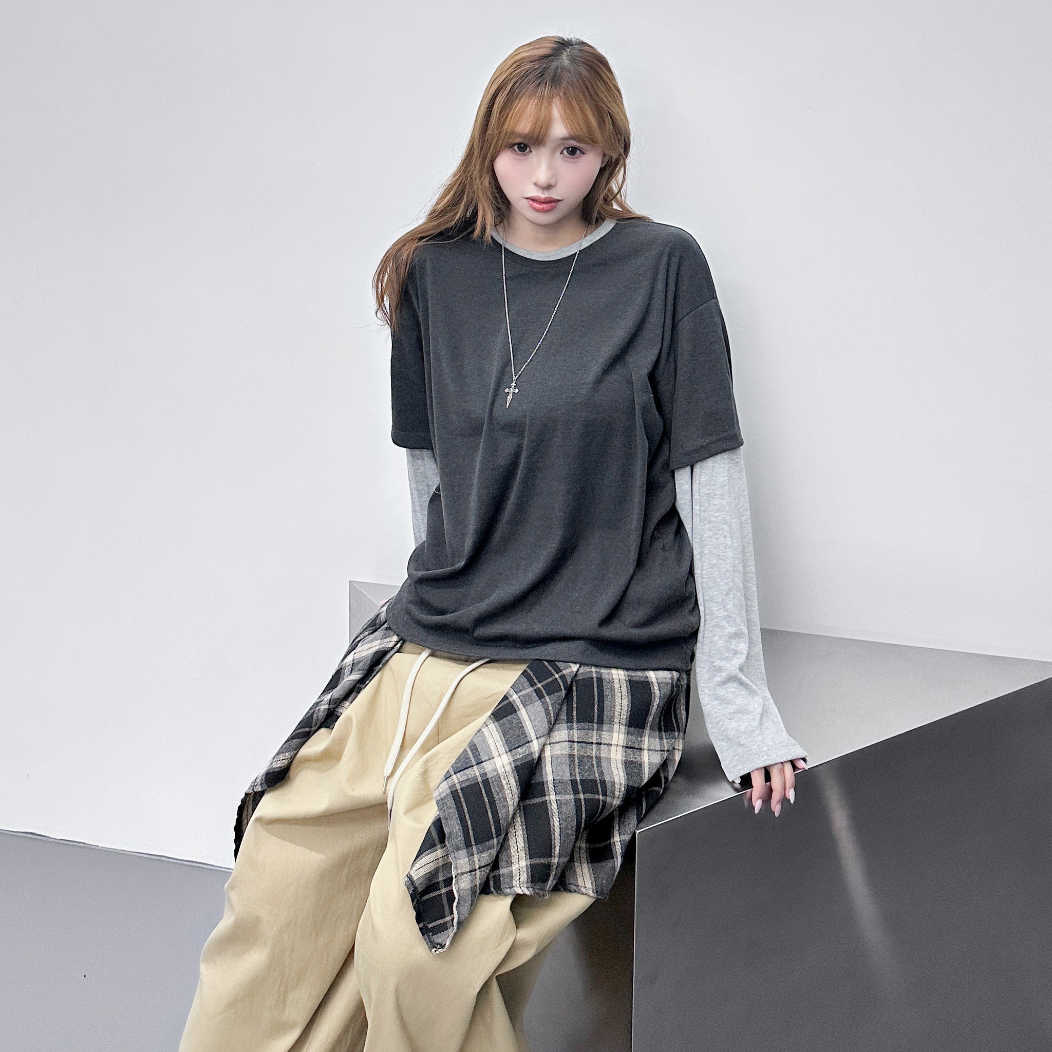 [UNISEX] 層次穿假兩件拼色長袖/ 2色