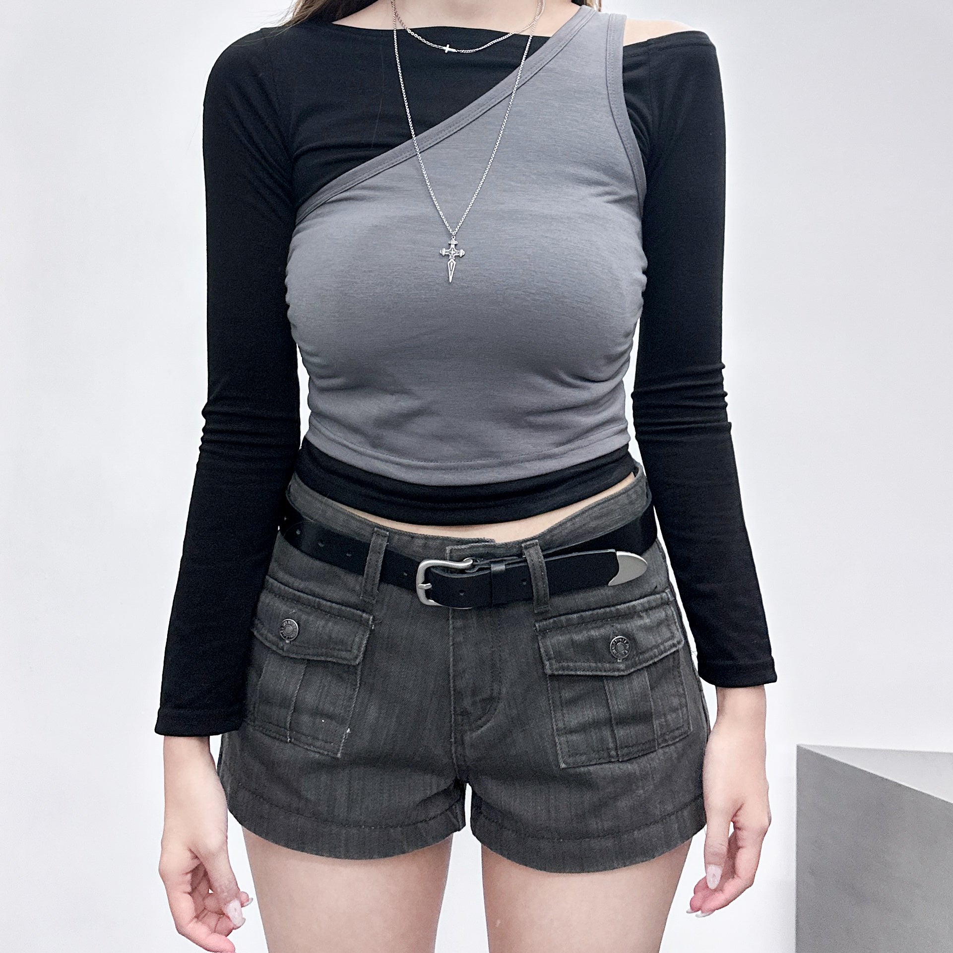 [假兩件] NANA OFF SHOULDER LONG SLEEVE TOP/ 2色