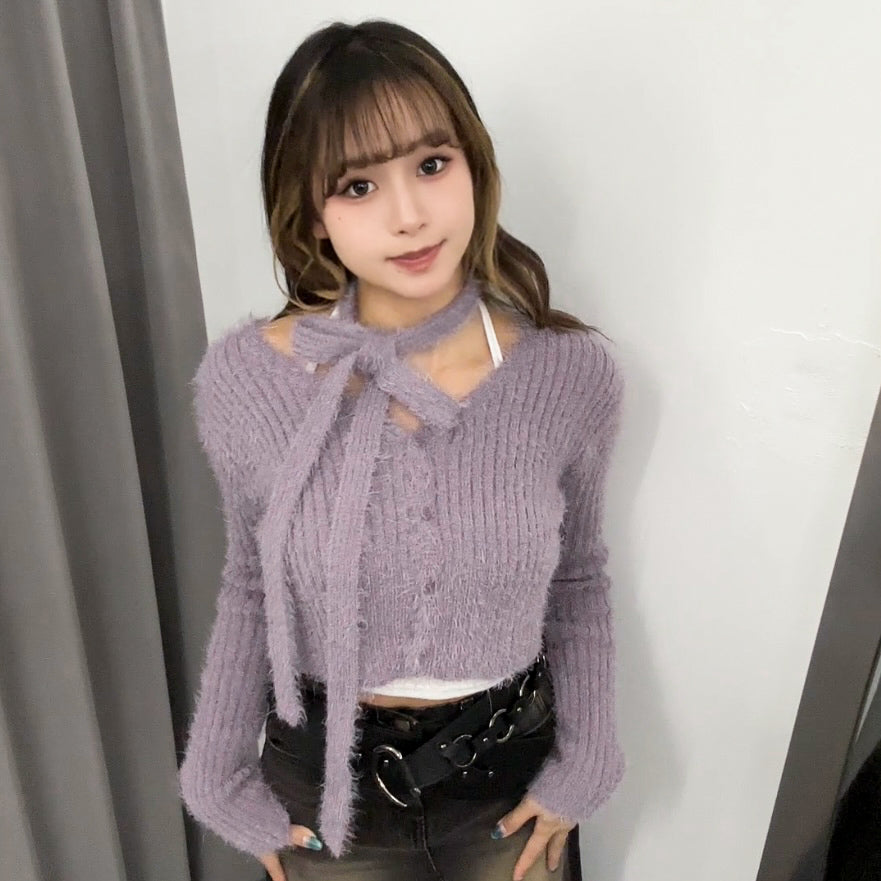girly松針絨毛茸茸crop冷衫外套+頸帶/ 3色
