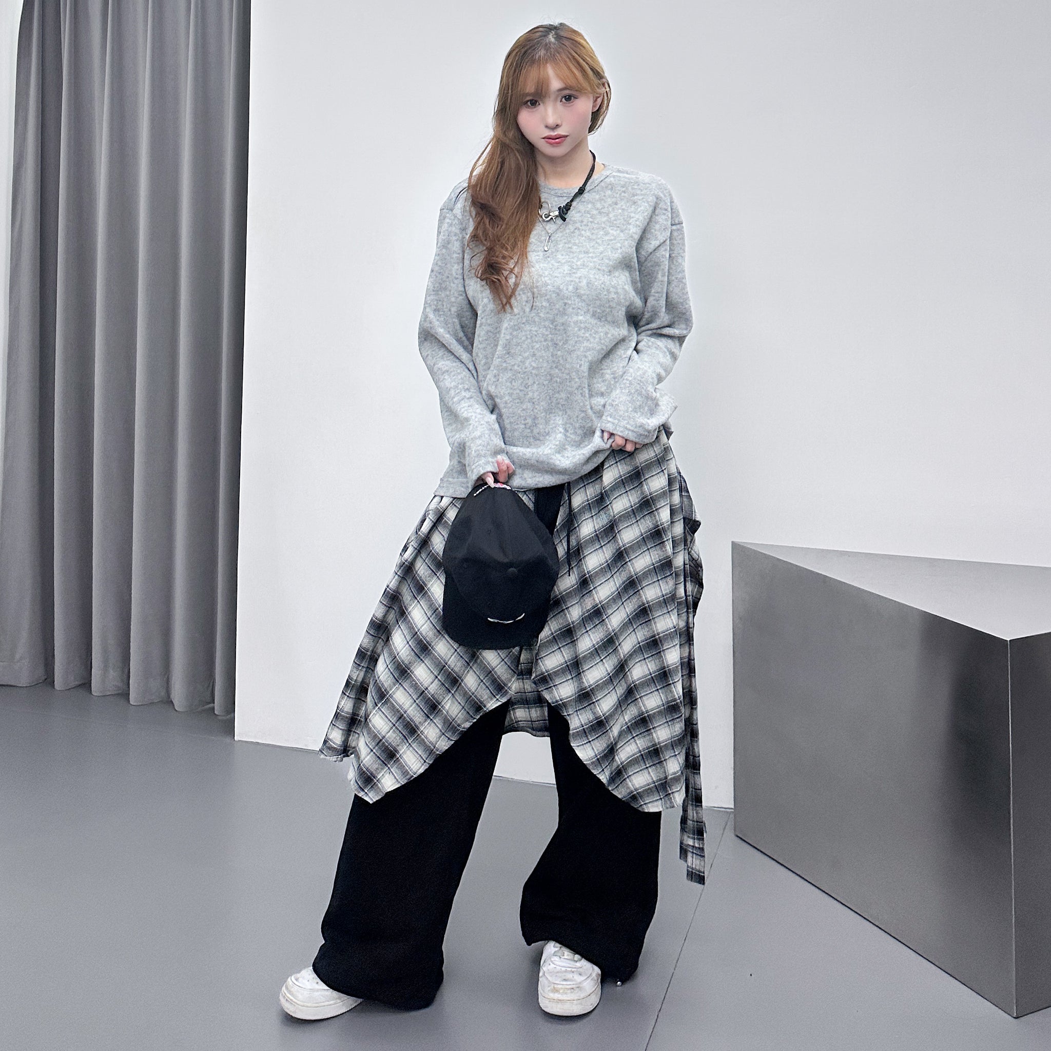 [UNISEX] 假兩件棉褲DOUBLE LAYER CHECK SWEATPANTS/ 2色