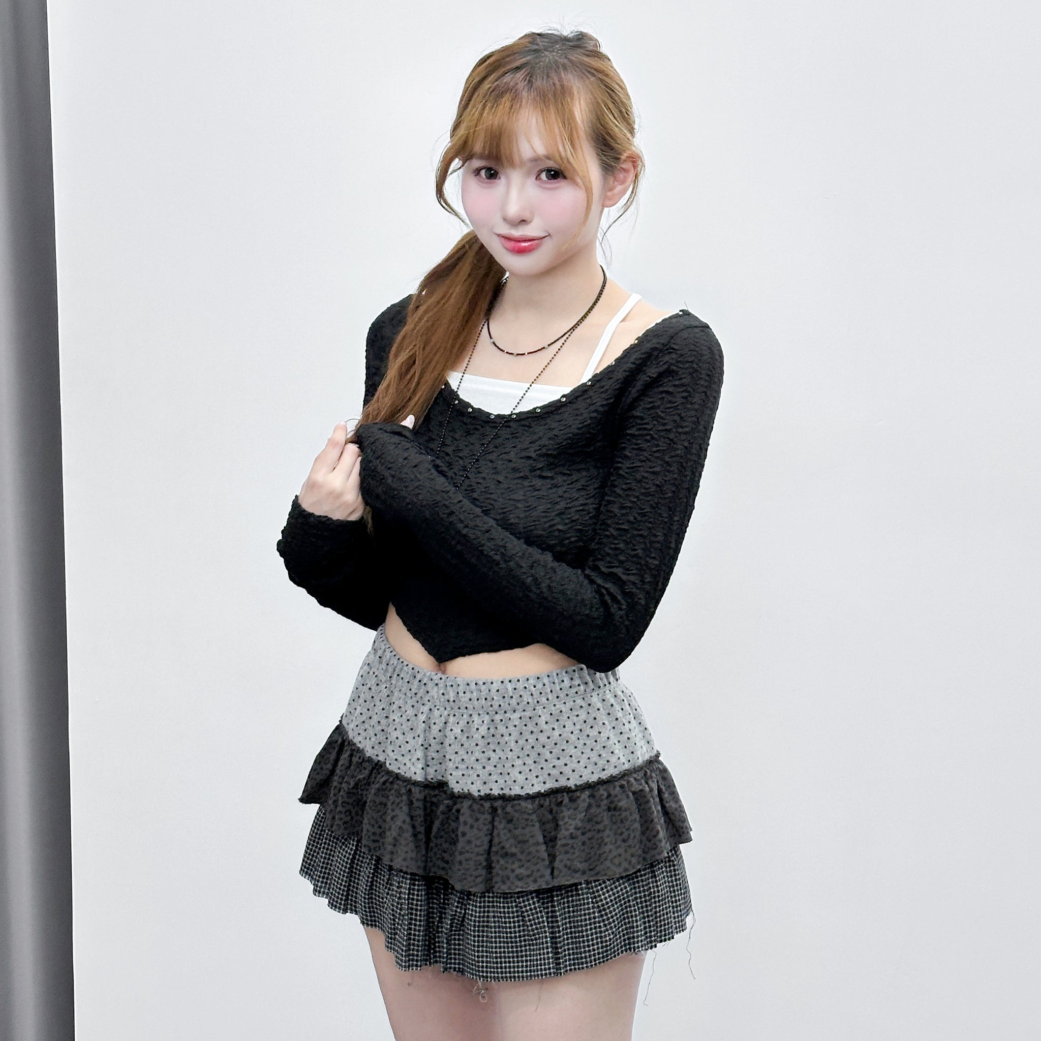 [連頸鏈!] 2WAY GINA STUDDED LONG SLEEVE CROP TOP with necklace/ 3色
