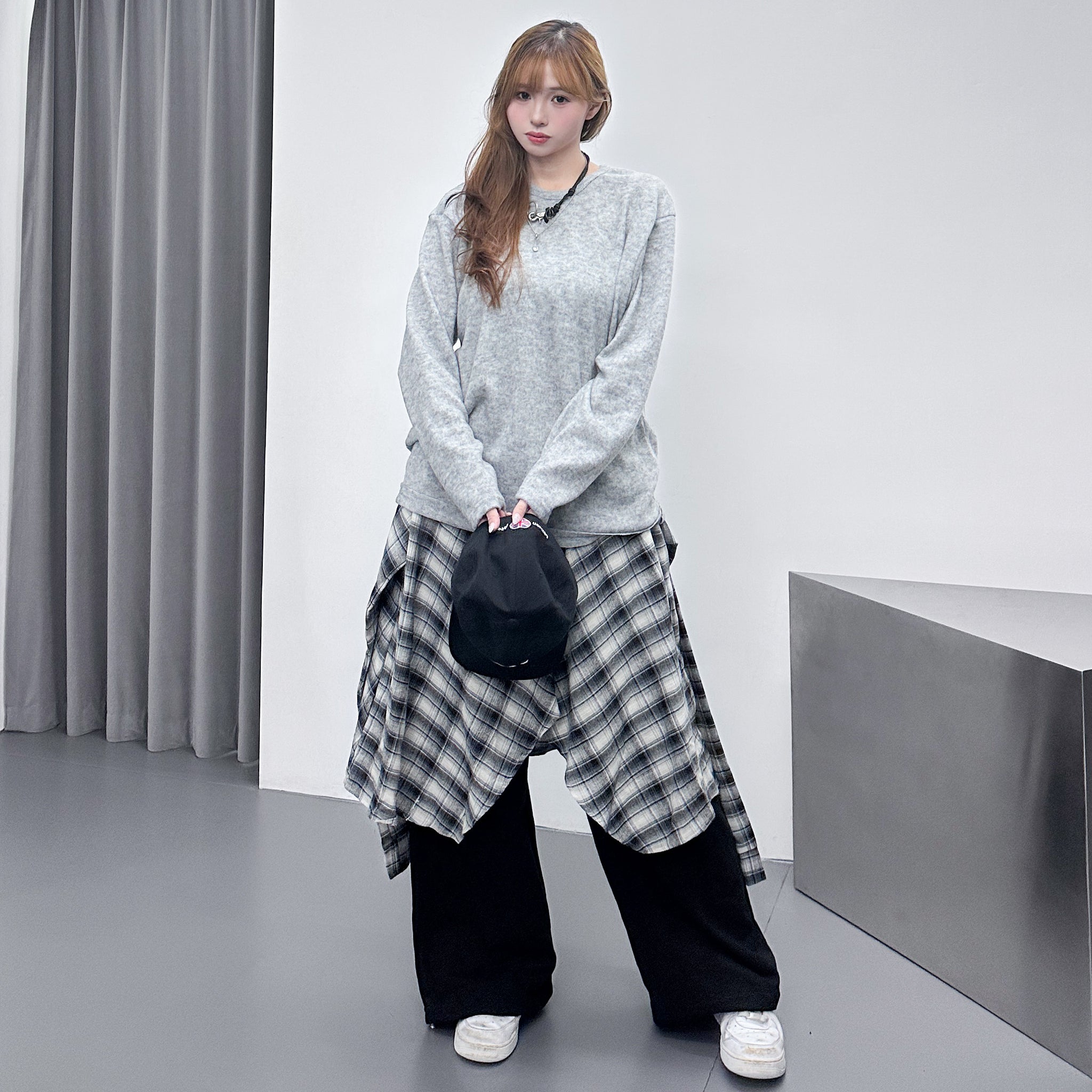 [UNISEX] 假兩件棉褲DOUBLE LAYER CHECK SWEATPANTS/ 2色