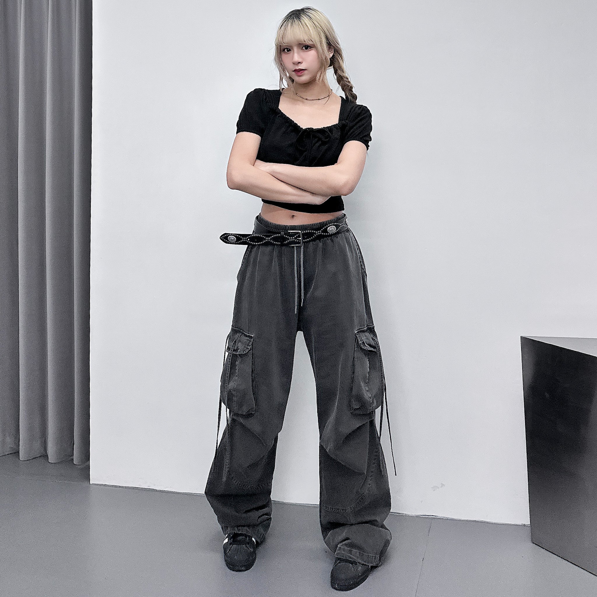 [BEST] 泡泡袖PLEATED RIBBON CROP TEE/ 2色