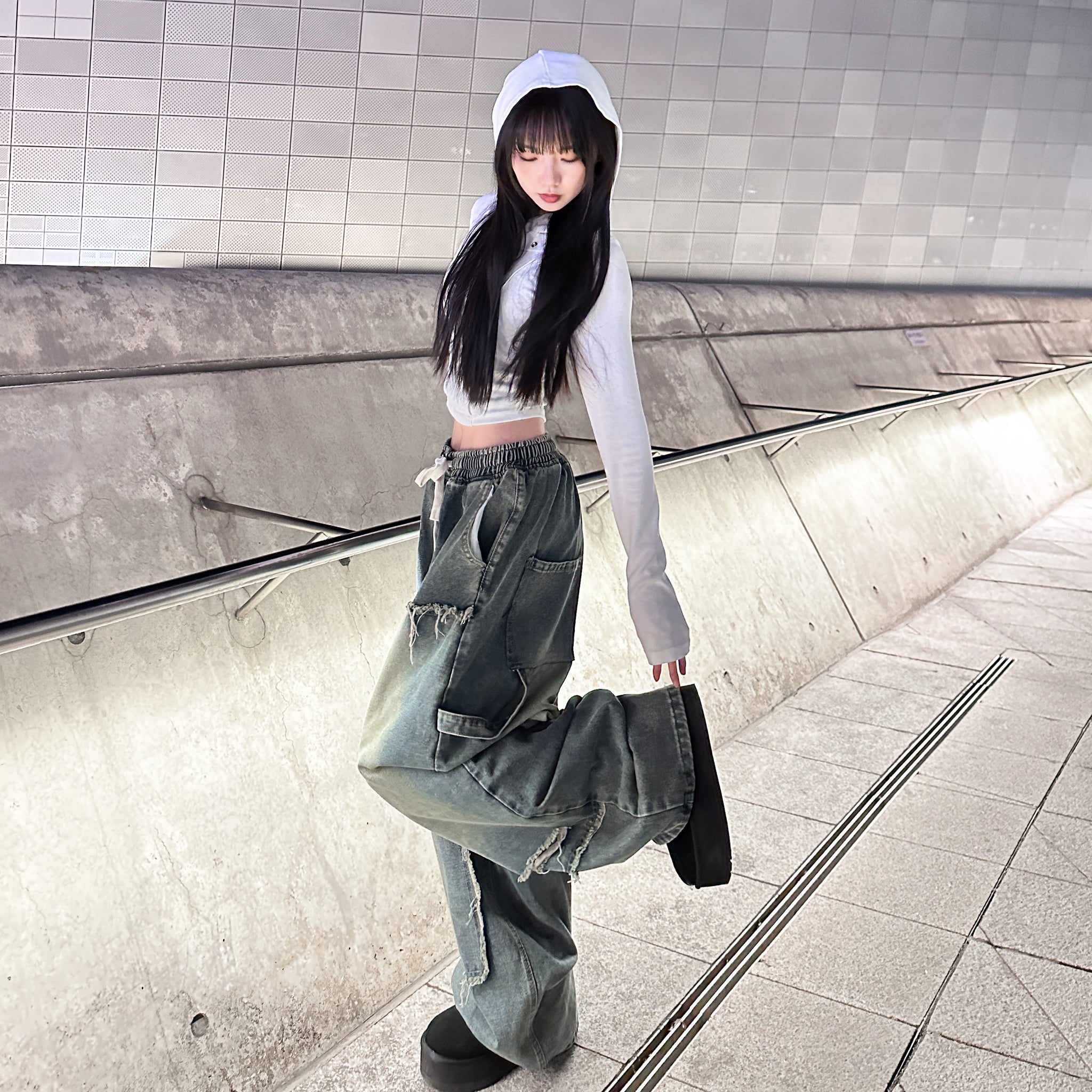 [BEST] UNISEX做舊復古蘇蘇邊SUPER WIDE DENIM PANTS/ 2色