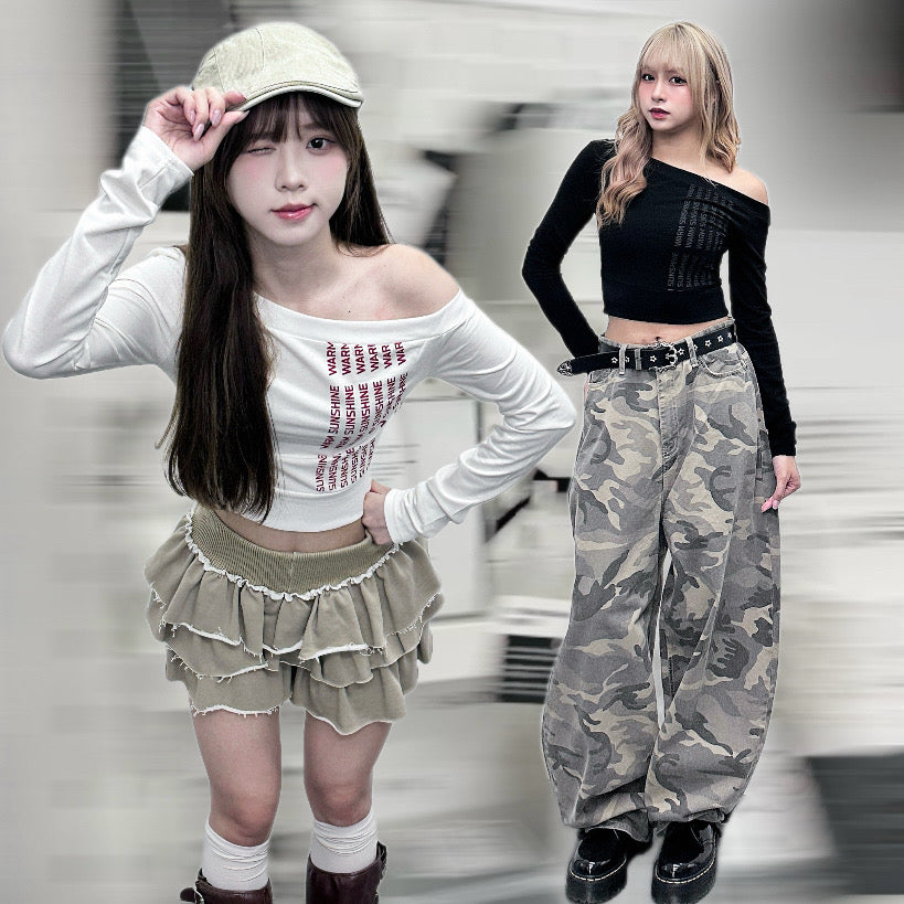 WARM SUNSHINE OFF SHOULDER LONG SLEEVE CROP TOP/ 2色