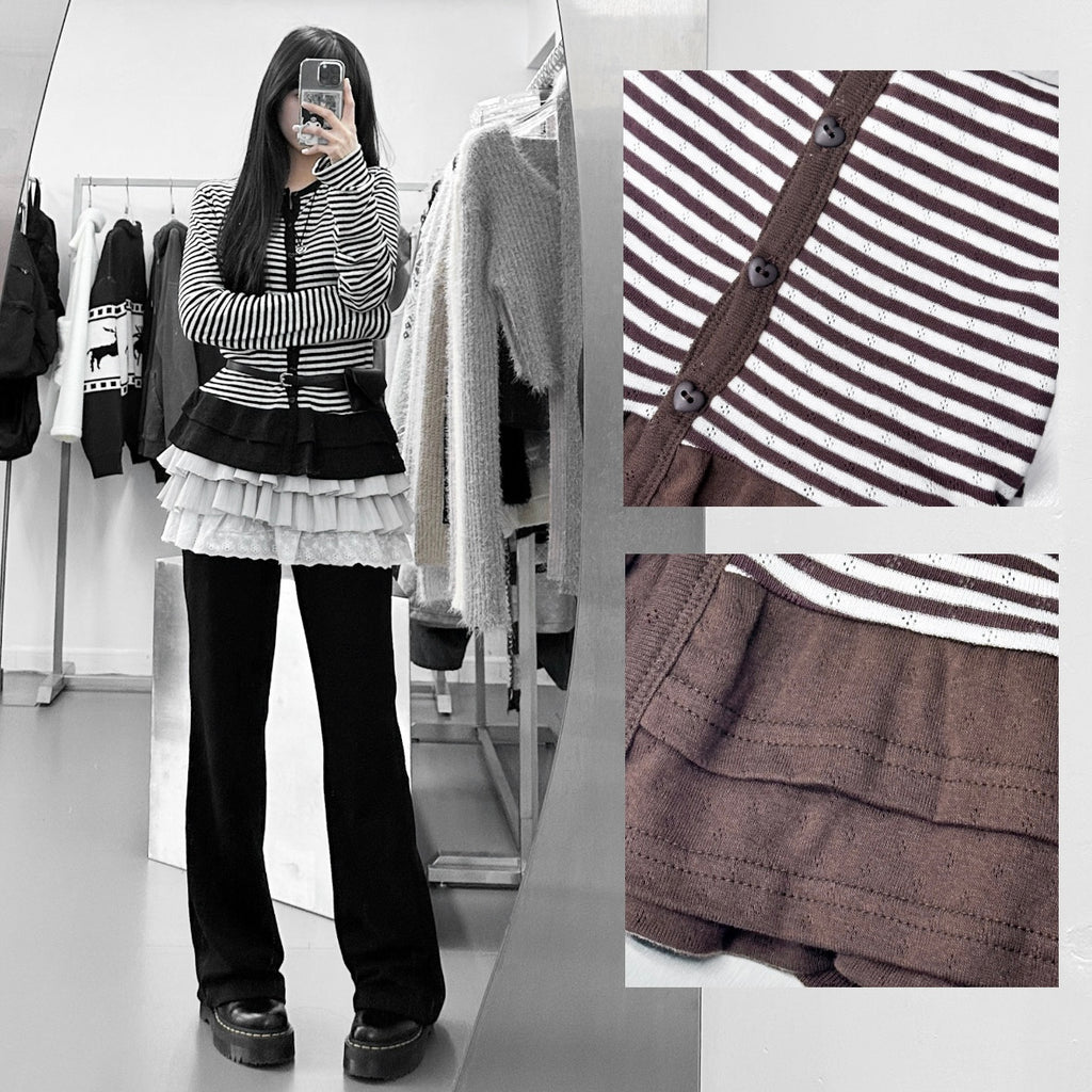 [心型鈕+細微通花] STRIPED RUFFLE LAYERED CARDIGAN/ 2色